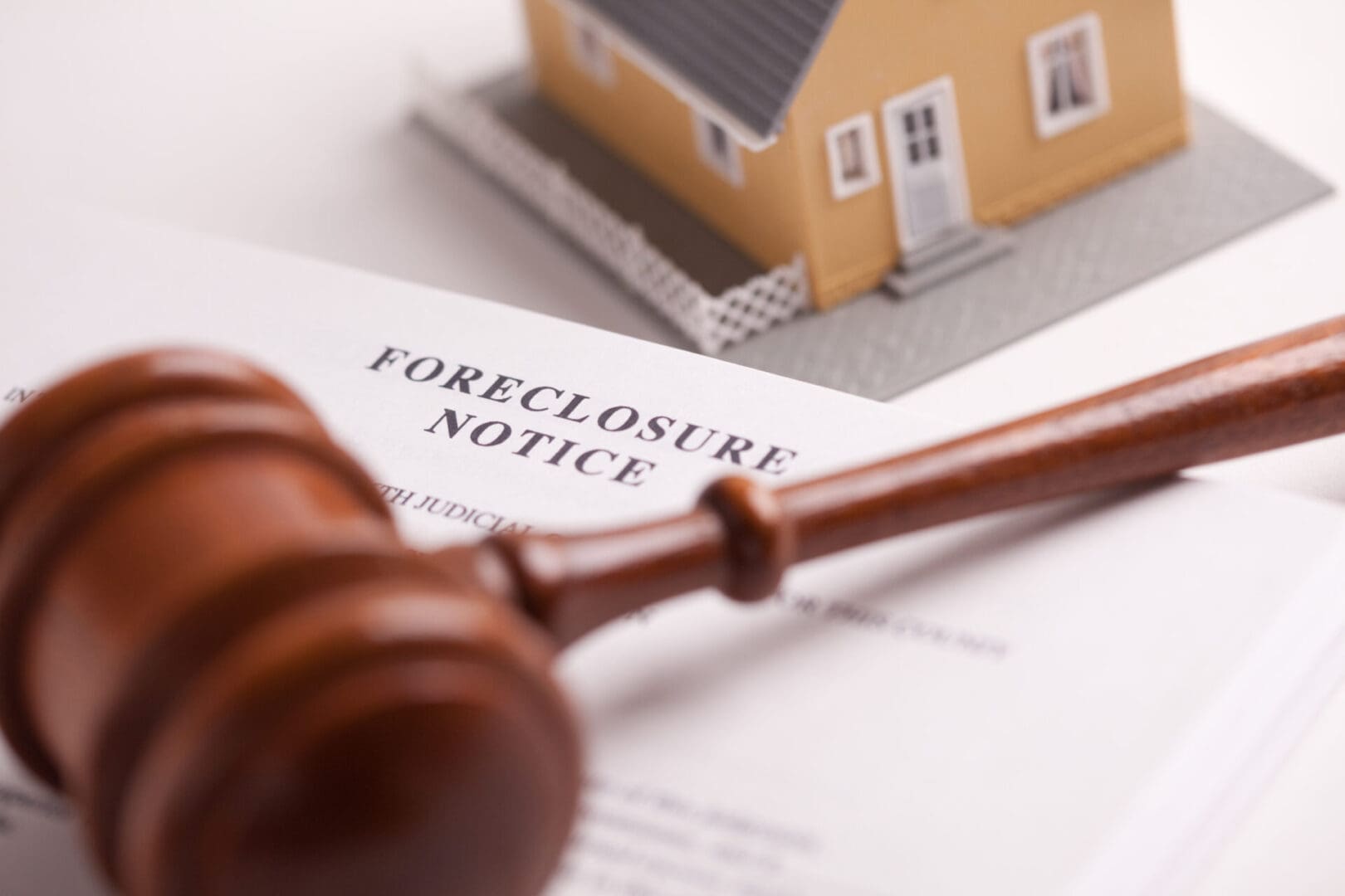 Foreclosure,Notice,,Gavel,And,Model,Home,With,Selective,Focus.