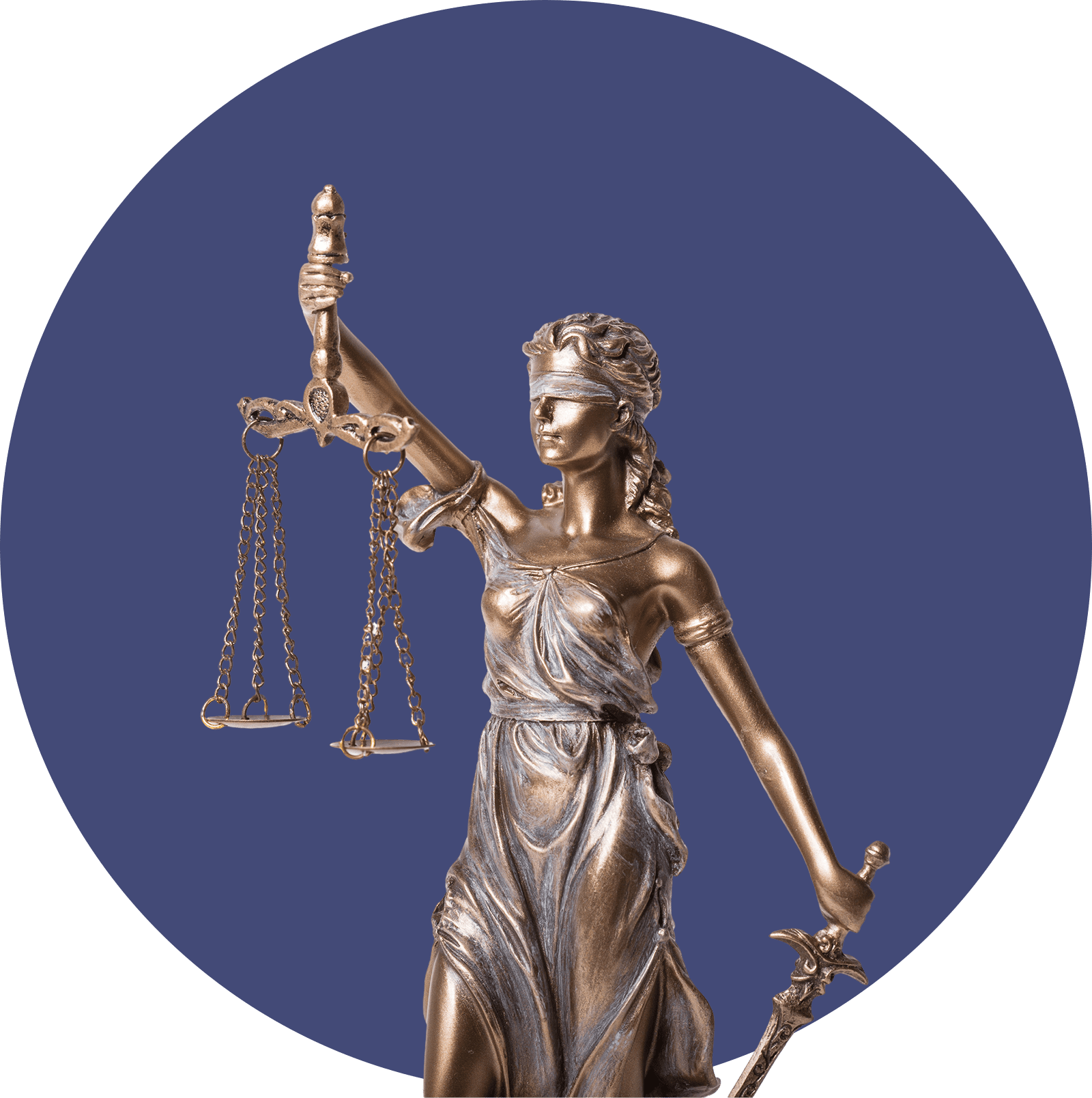 Bronze Lady Justice statue holding scales and sword